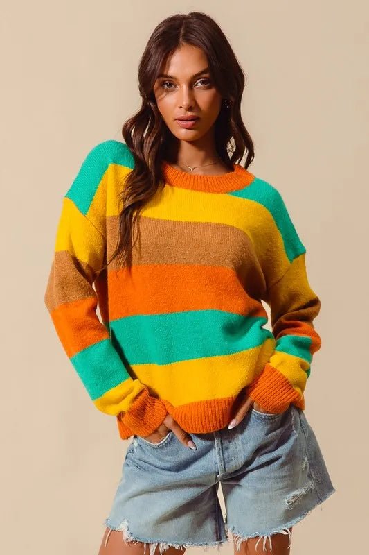 SO ME Multi Color Stripe Sweater with Ribbed Detail - Blu Lotus Boutique