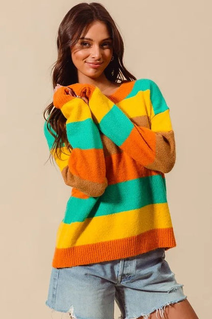 SO ME Multi Color Stripe Sweater with Ribbed Detail - Blu Lotus Boutique