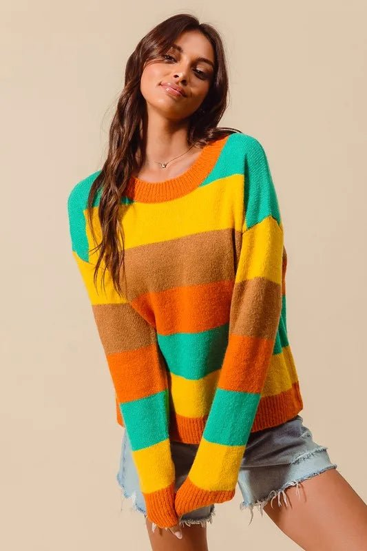 SO ME Multi Color Stripe Sweater with Ribbed Detail - Blu Lotus Boutique