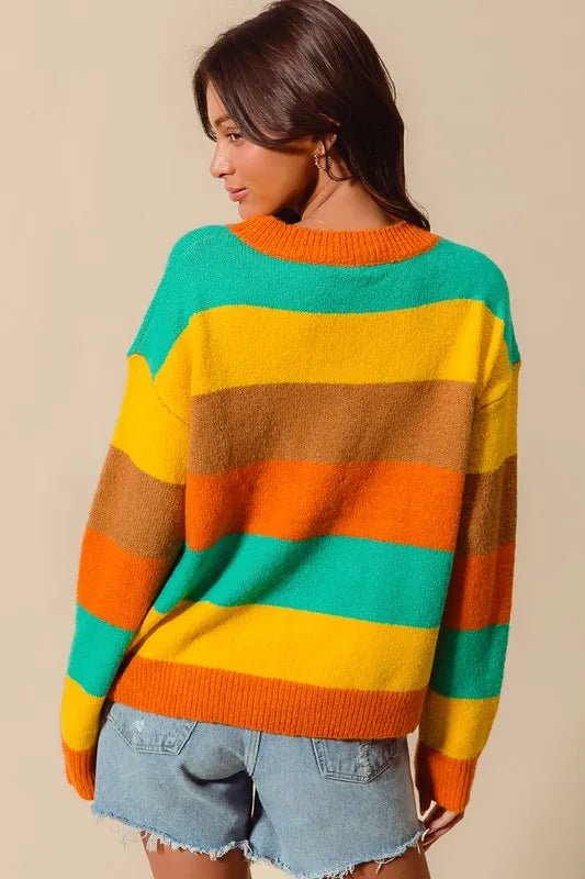 SO ME Multi Color Stripe Sweater with Ribbed Detail - Blu Lotus Boutique