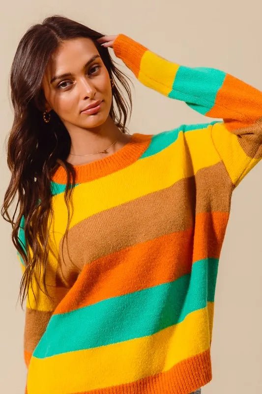 SO ME Multi Color Stripe Sweater with Ribbed Detail - Blu Lotus Boutique