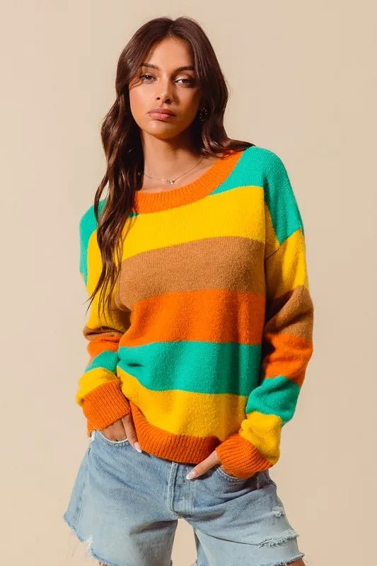 SO ME Multi Color Stripe Sweater with Ribbed Detail - Blu Lotus Boutique