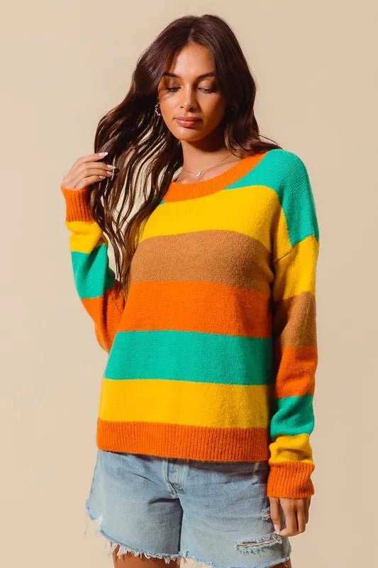 SO ME Multi Color Stripe Sweater with Ribbed Detail - Blu Lotus Boutique
