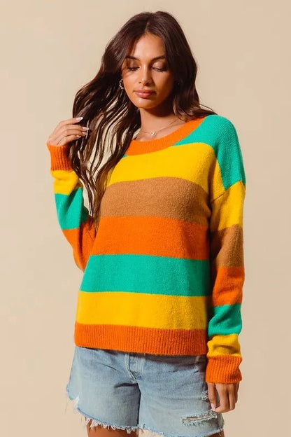 SO ME Multi Color Stripe Sweater with Ribbed Detail - Blu Lotus Boutique