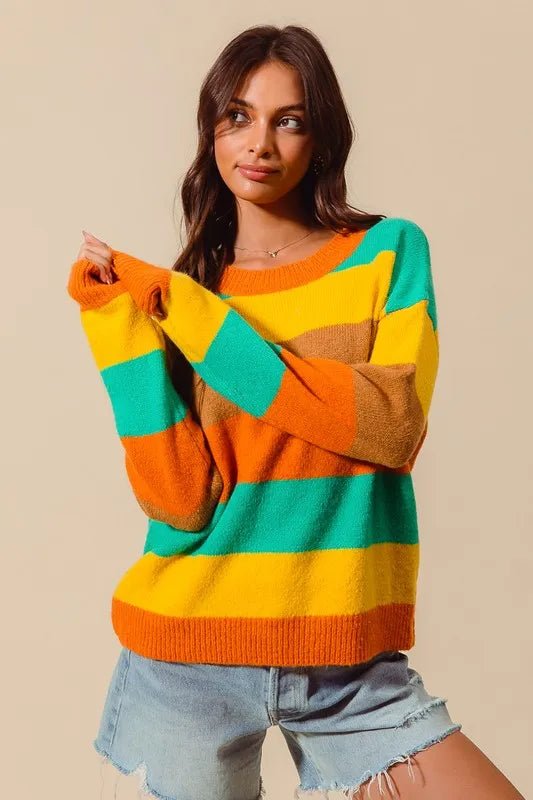 SO ME Multi Color Stripe Sweater with Ribbed Detail - Blu Lotus Boutique