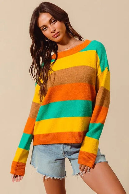 SO ME Multi Color Stripe Sweater with Ribbed Detail - Blu Lotus Boutique