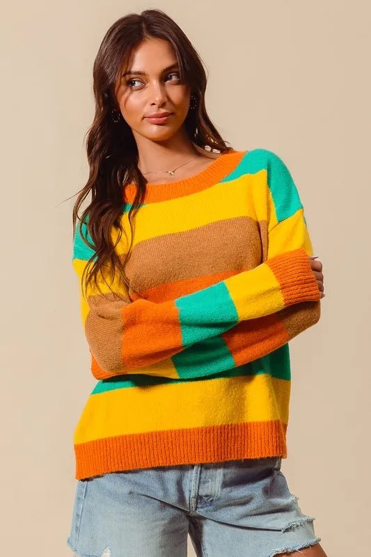 SO ME Multi Color Stripe Sweater with Ribbed Detail - Blu Lotus Boutique