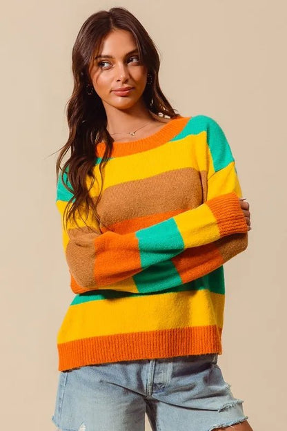 SO ME Multi Color Stripe Sweater with Ribbed Detail - Blu Lotus Boutique