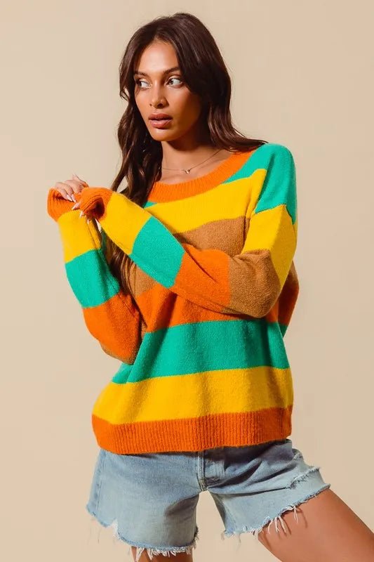 SO ME Multi Color Stripe Sweater with Ribbed Detail - Blu Lotus Boutique