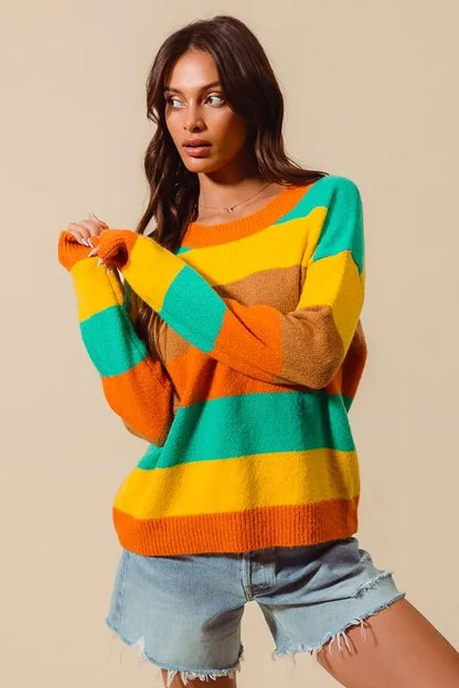 SO ME Multi Color Stripe Sweater with Ribbed Detail - Blu Lotus Boutique
