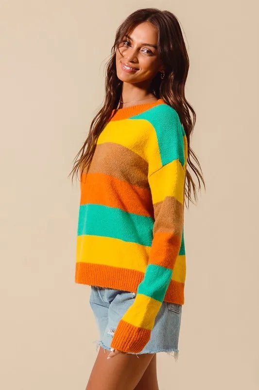 SO ME Multi Color Stripe Sweater with Ribbed Detail - Blu Lotus Boutique