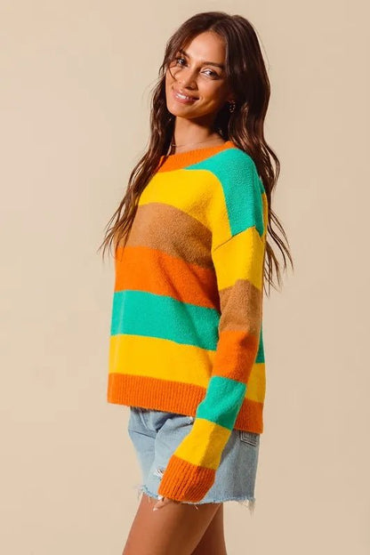 SO ME Multi Color Stripe Sweater with Ribbed Detail - Blu Lotus Boutique