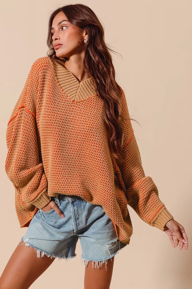 SO ME Oversized Two Tone Textured V Neck Sweater - Blu Lotus Boutique