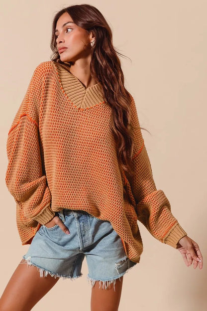 SO ME Oversized Two Tone Textured V Neck Sweater - Blu Lotus Boutique
