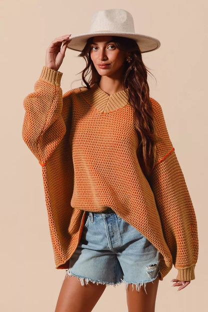 SO ME Oversized Two Tone Textured V Neck Sweater - Blu Lotus Boutique