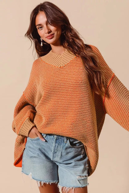 SO ME Oversized Two Tone Textured V Neck Sweater - Blu Lotus Boutique