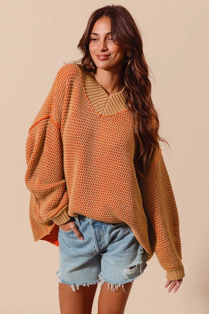 SO ME Oversized Two Tone Textured V Neck Sweater - Blu Lotus Boutique