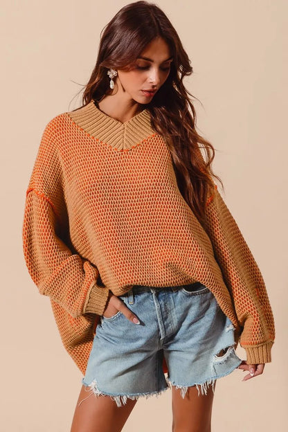 SO ME Oversized Two Tone Textured V Neck Sweater - Blu Lotus Boutique