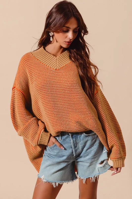 SO ME Oversized Two Tone Textured V Neck Sweater - Blu Lotus Boutique