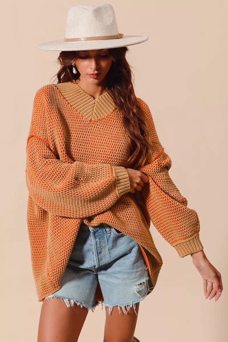 SO ME Oversized Two Tone Textured V Neck Sweater - Blu Lotus Boutique