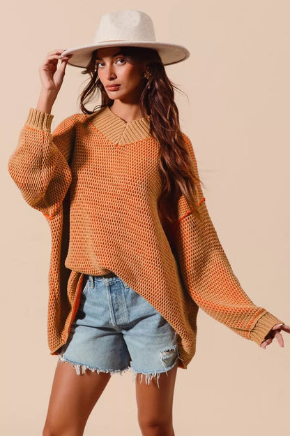 SO ME Oversized Two Tone Textured V Neck Sweater - Blu Lotus Boutique