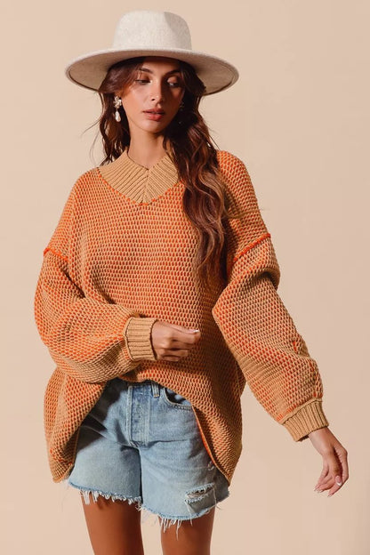 SO ME Oversized Two Tone Textured V Neck Sweater - Blu Lotus Boutique