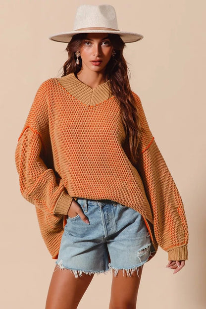 SO ME Oversized Two Tone Textured V Neck Sweater - Blu Lotus Boutique