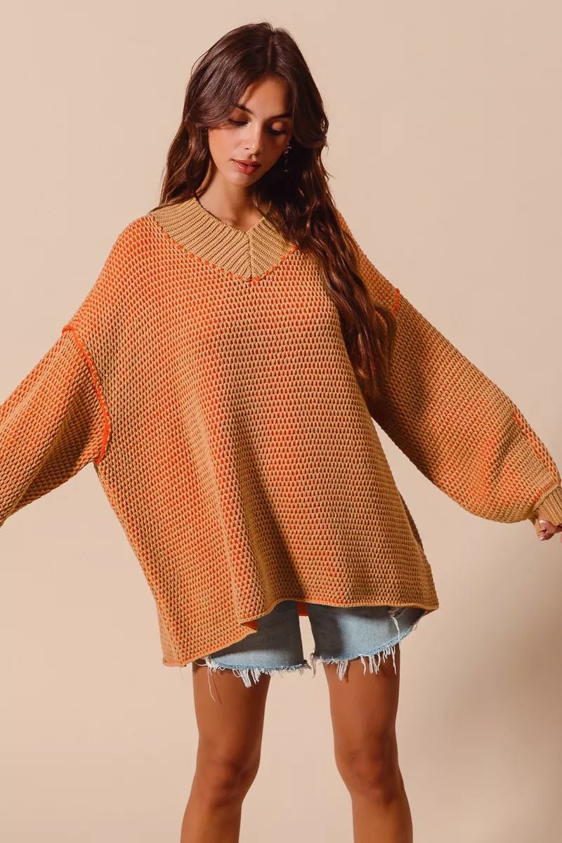 SO ME Oversized Two Tone Textured V Neck Sweater - Blu Lotus Boutique
