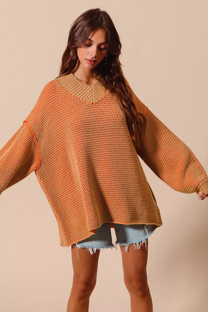SO ME Oversized Two Tone Textured V Neck Sweater - Blu Lotus Boutique