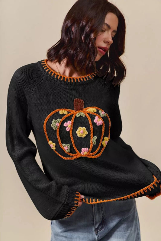 SO ME Pumpkin Floral Embroidered Thanksgiving Sweater - Blu Lotus Boutique