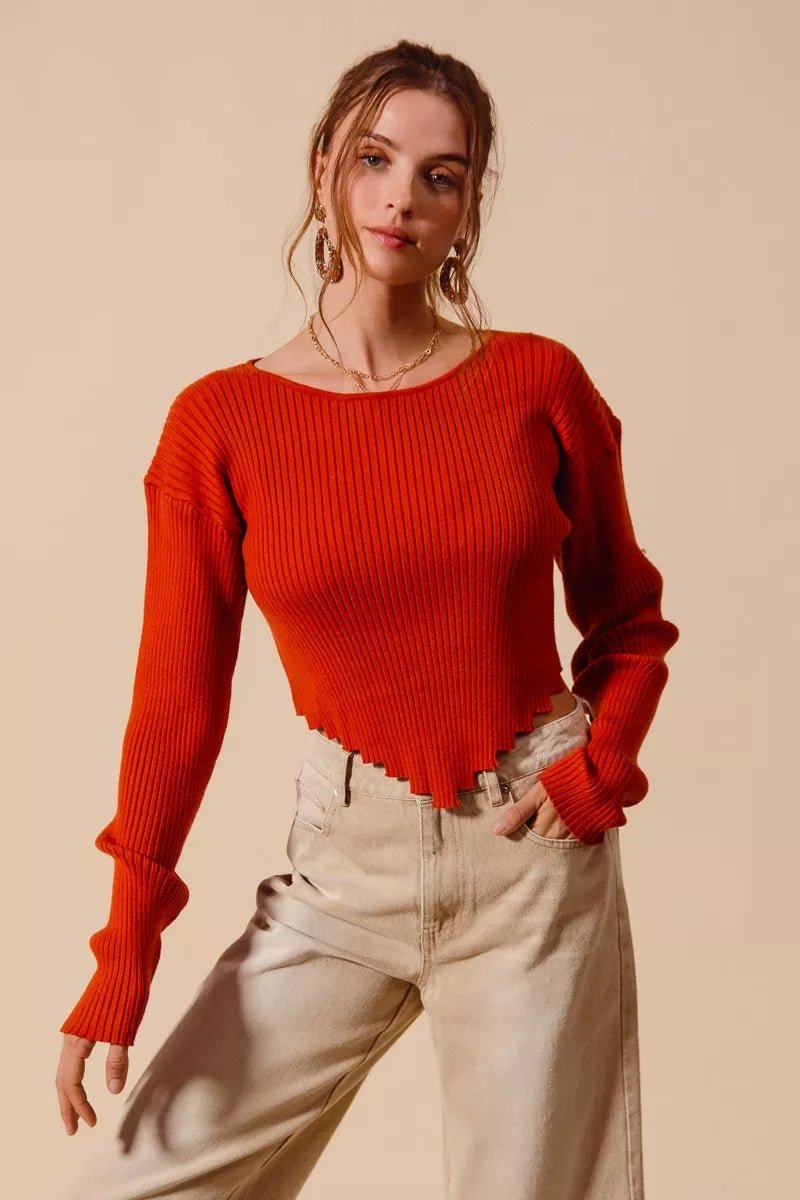 SO ME Rib Knitted Crop Sweater Top With Shaped Hem - Blu Lotus Boutique