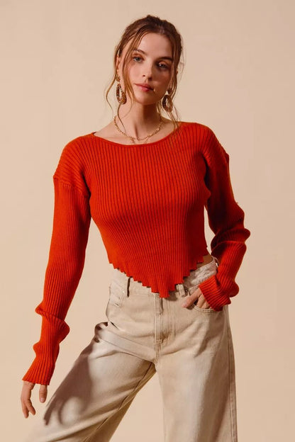 SO ME Rib Knitted Crop Sweater Top With Shaped Hem - Blu Lotus Boutique