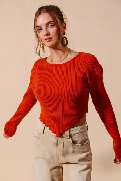 SO ME Rib Knitted Crop Sweater Top With Shaped Hem - Blu Lotus Boutique