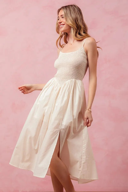 SO ME Smocked Sleeveless Casual Everyday Dress With Slit - Blu Lotus Boutique
