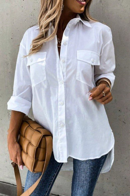 Solid Button Up Pockets Long Sleeves Blouse - Blu Lotus Boutique