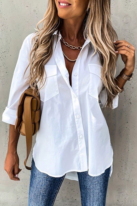 Solid Button Up Pockets Long Sleeves Blouse - Blu Lotus Boutique