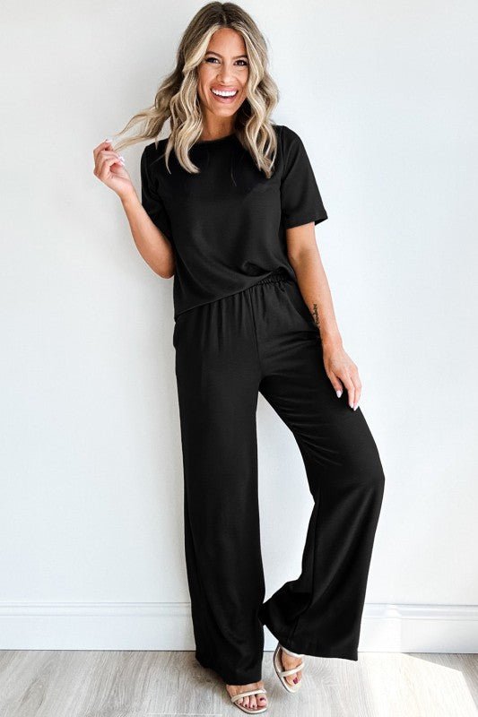 Solid Color T Shirt 2pcs Wide Leg Pants Set - Blu Lotus Boutique