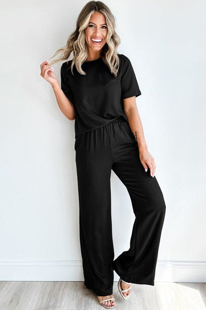 Solid Color T Shirt 2pcs Wide Leg Pants Set - Blu Lotus Boutique