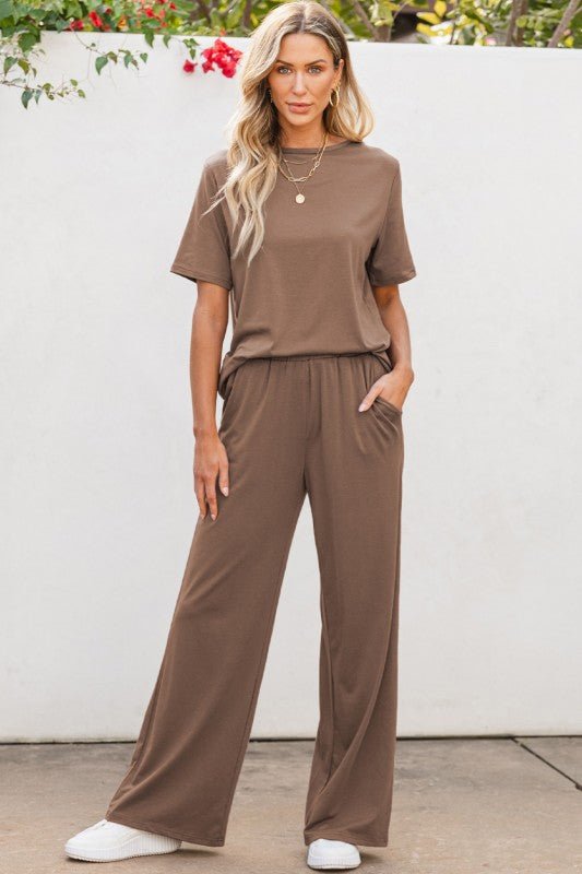 Solid Color T Shirt 2pcs Wide Leg Pants Set - Blu Lotus Boutique