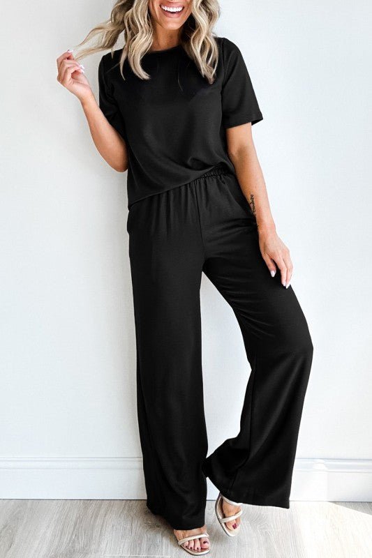 Solid Color T Shirt 2pcs Wide Leg Pants Set - Blu Lotus Boutique