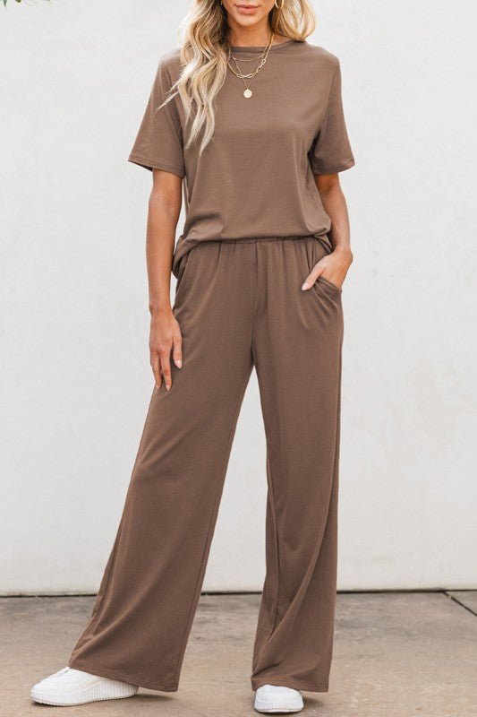 Solid Color T Shirt 2pcs Wide Leg Pants Set - Blu Lotus Boutique