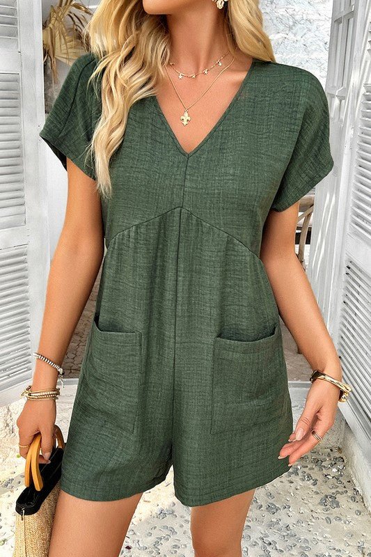 Solid Deep V Neck Drop Shoulder Loose Pockets Romp - Blu Lotus Boutique