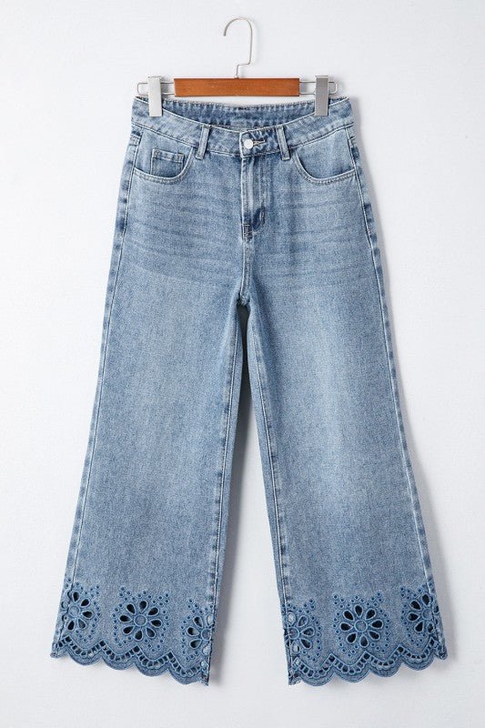 Solid Denim Embroidered Wide Leg Jeans - Blu Lotus Boutique