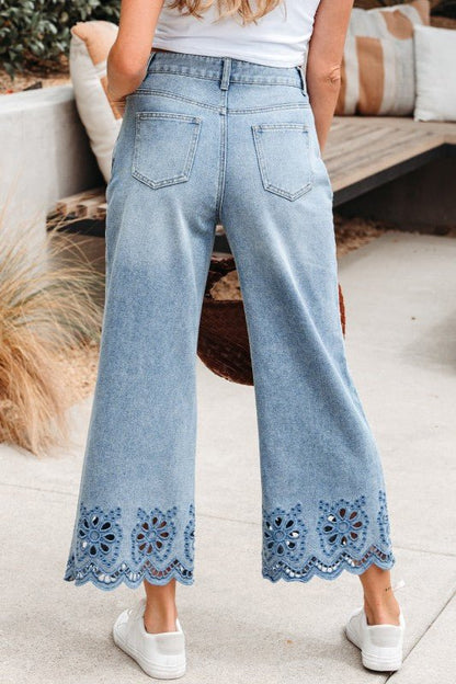 Solid Denim Embroidered Wide Leg Jeans - Blu Lotus Boutique