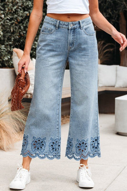 Solid Denim Embroidered Wide Leg Jeans - Blu Lotus Boutique