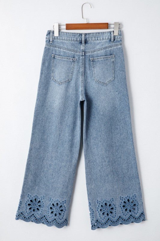 Solid Denim Embroidered Wide Leg Jeans - Blu Lotus Boutique