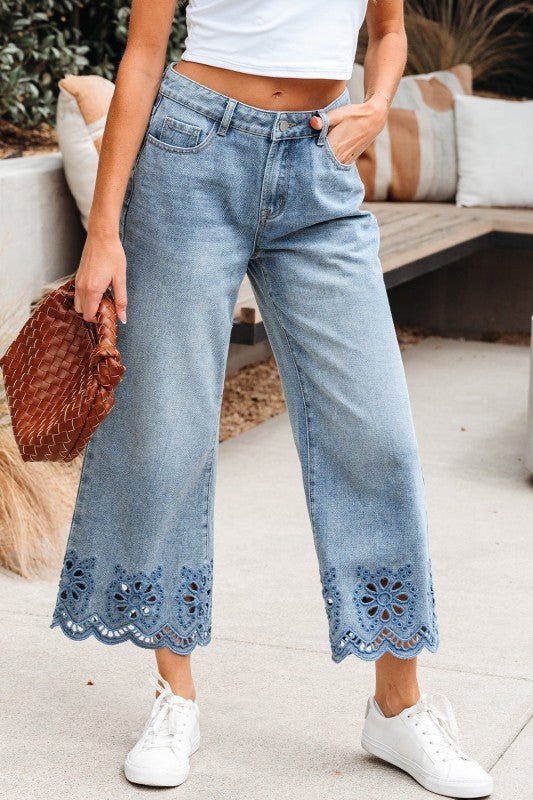 Solid Denim Embroidered Wide Leg Jeans - Blu Lotus Boutique