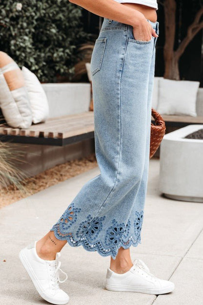 Solid Denim Embroidered Wide Leg Jeans - Blu Lotus Boutique