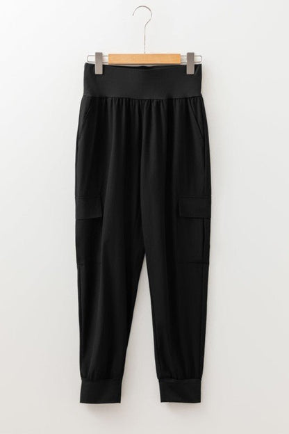 Solid Elastic High Waist Pocketed Cargo Jogger Pan - Blu Lotus Boutique