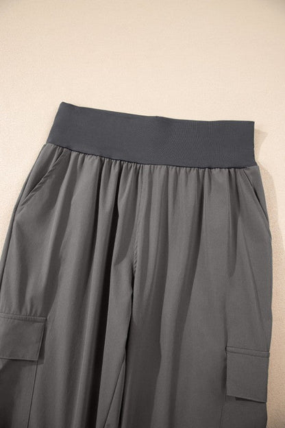 Solid Elastic High Waist Pocketed Cargo Jogger Pan - Blu Lotus Boutique